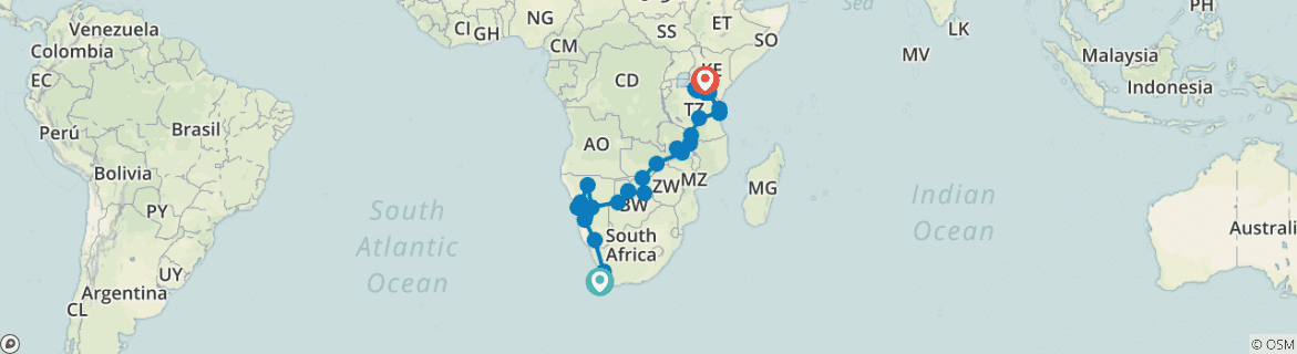 Image of a map showing the route of the tour