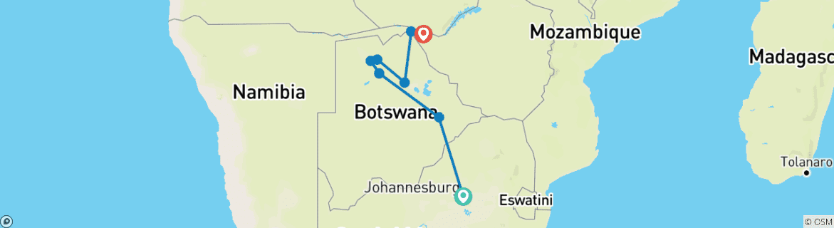 Carte du circuit Les parcs sauvages du Botswana