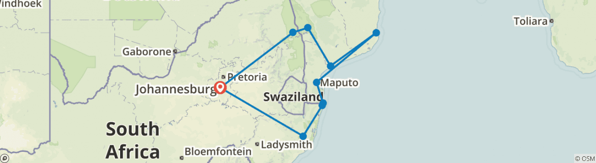Image of a map showing the route of the tour