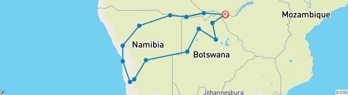Image of a map showing the route of the tour