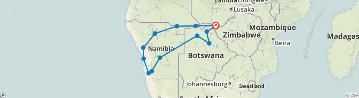 Image of a map showing the route of the tour