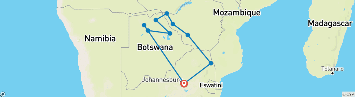 Image of a map showing the route of the tour