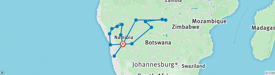 Image of a map showing the route of the tour