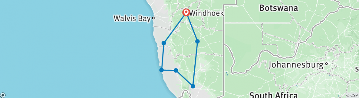 Image of a map showing the route of the tour