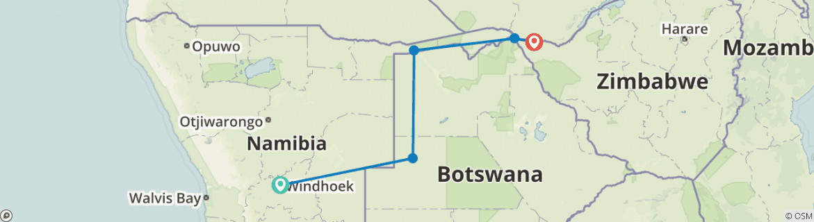 Image of a map showing the route of the tour