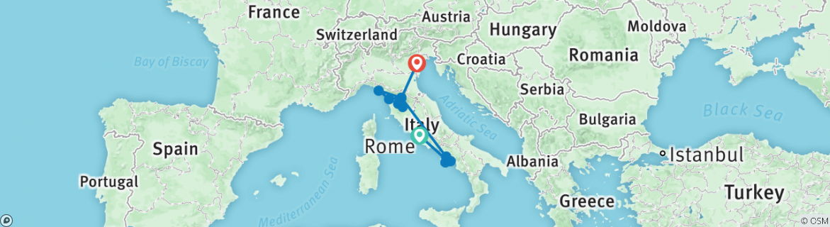 Image of a map showing the route of the tour
