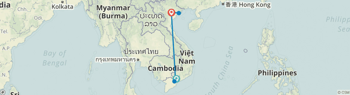 Image of a map showing the route of the tour