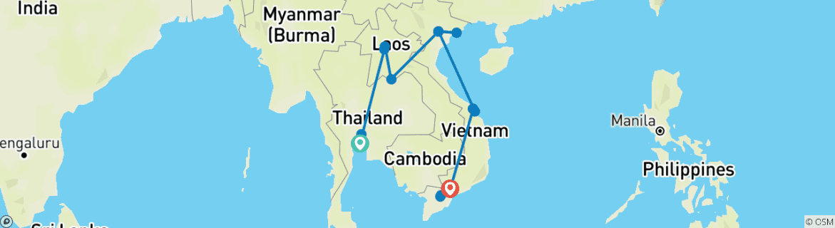 Image of a map showing the route of the tour