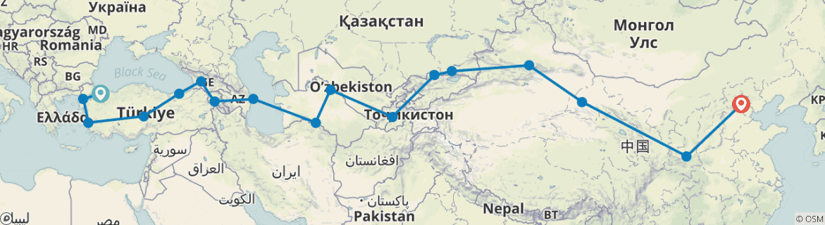 Image of a map showing the route of the tour