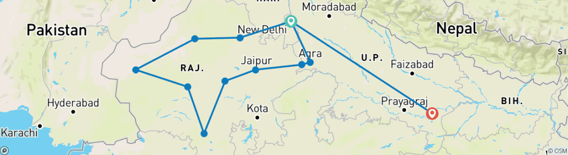 Image of a map showing the route of the tour