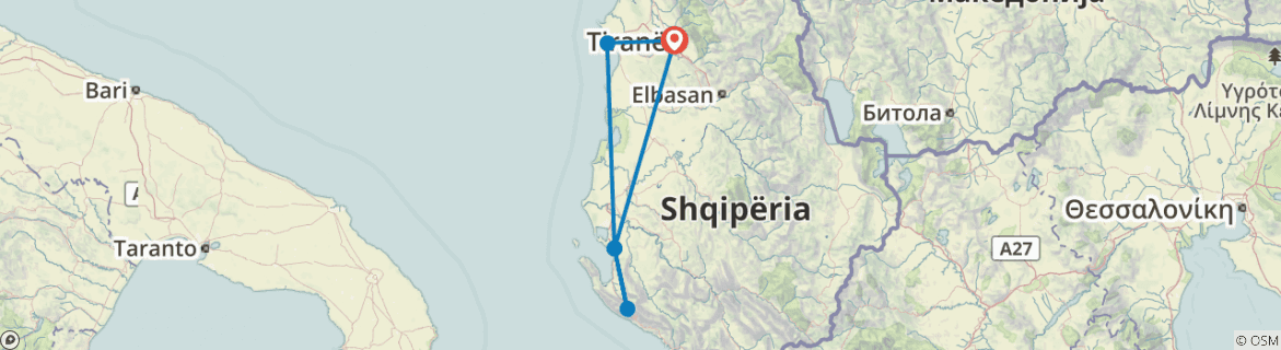 Image of a map showing the route of the tour