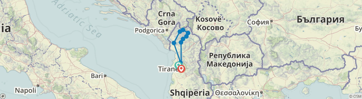 Image of a map showing the route of the tour