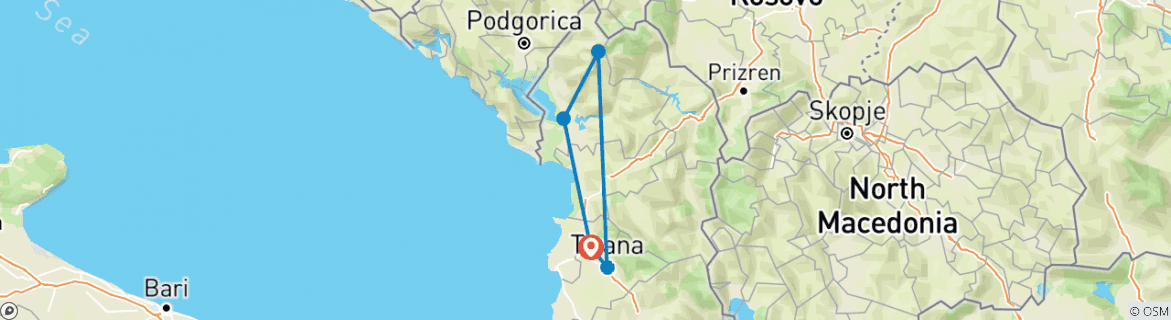 Image of a map showing the route of the tour