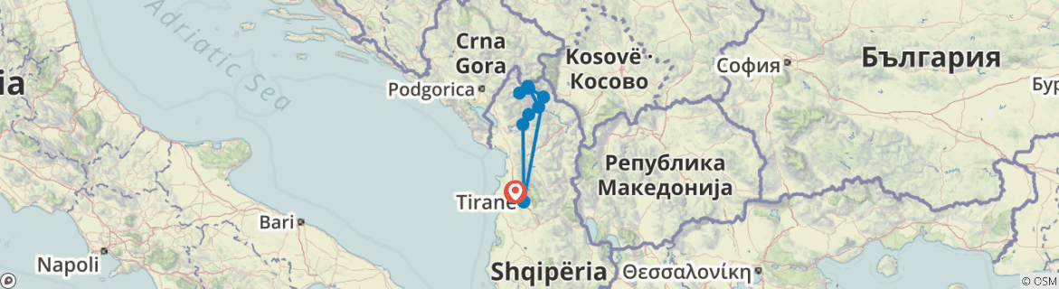 Image of a map showing the route of the tour
