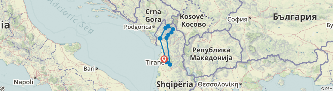 Image of a map showing the route of the tour