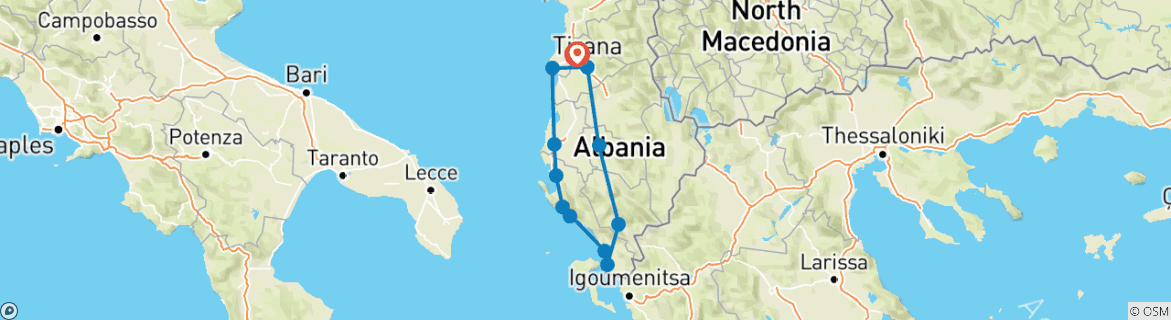 Image of a map showing the route of the tour