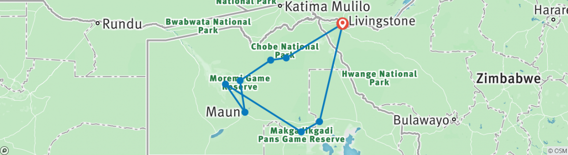 Image of a map showing the route of the tour