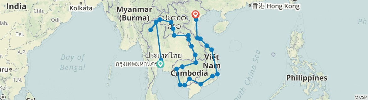 Image of a map showing the route of the tour