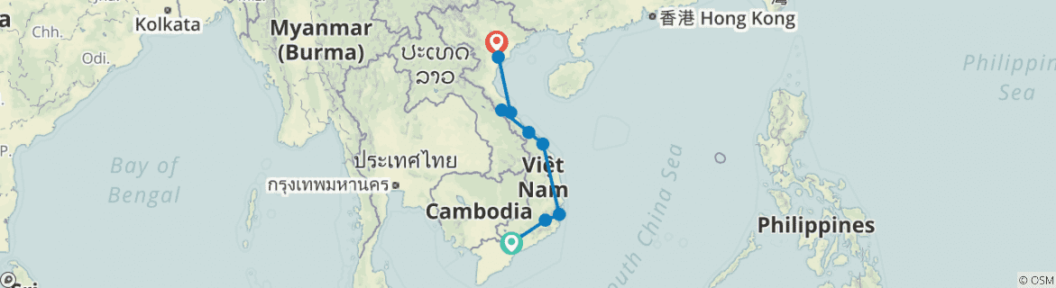 Image of a map showing the route of the tour