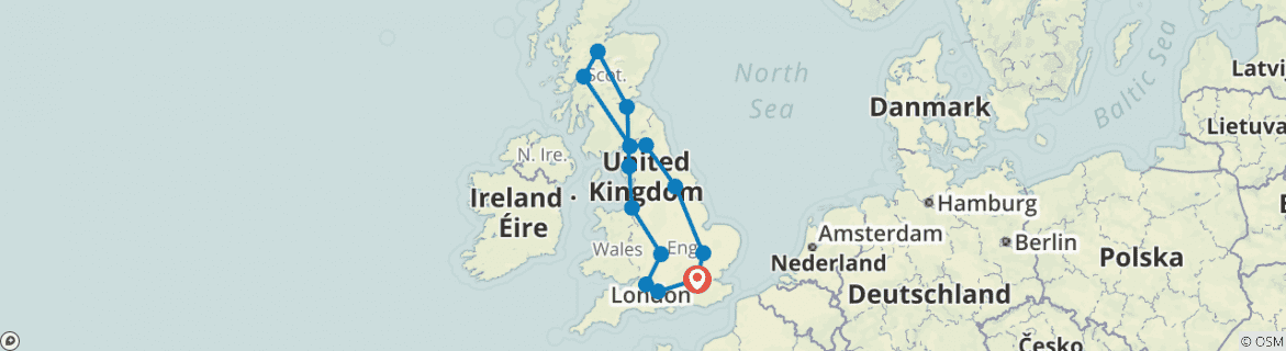 Image of a map showing the route of the tour