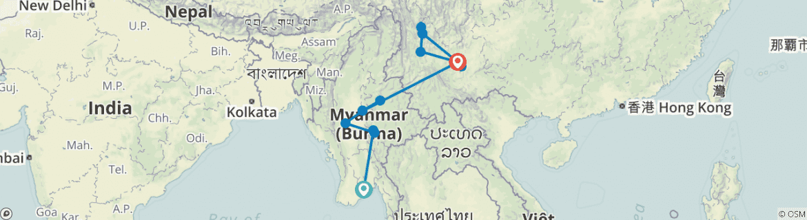 Image of a map showing the route of the tour