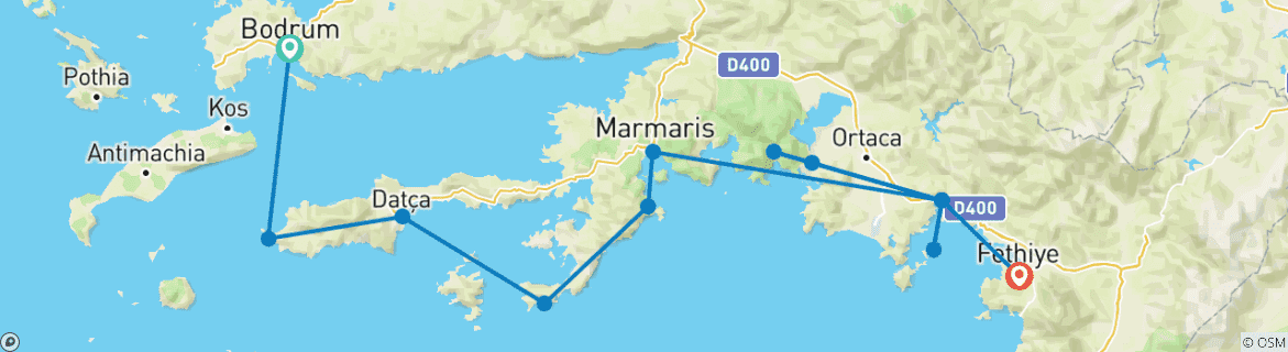 Image of a map showing the route of the tour