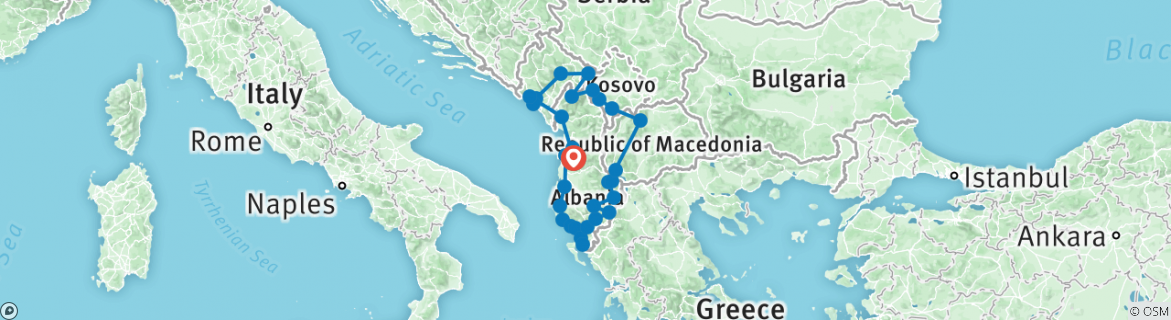 Image of a map showing the route of the tour