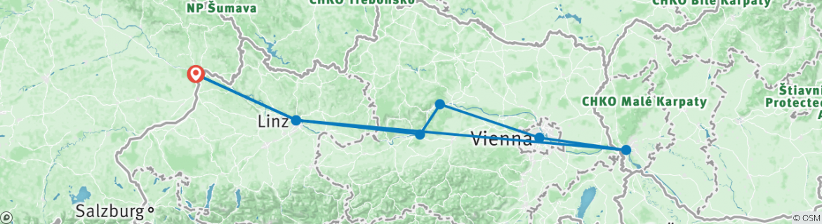 Image of a map showing the route of the tour