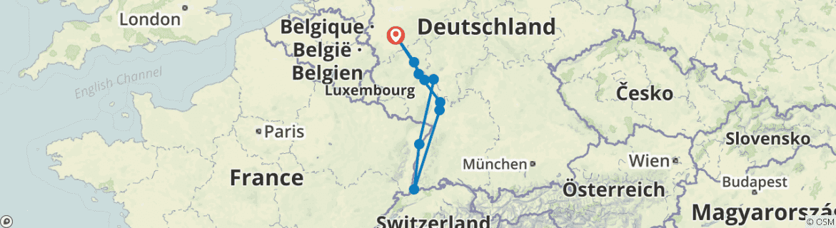 Image of a map showing the route of the tour