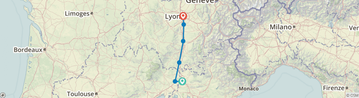 Image of a map showing the route of the tour