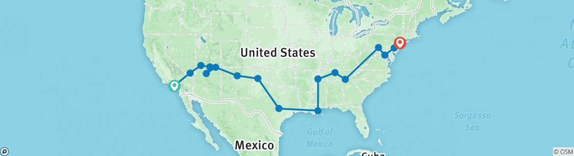 Image of a map showing the route of the tour