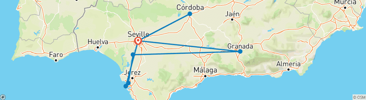Image of a map showing the route of the tour