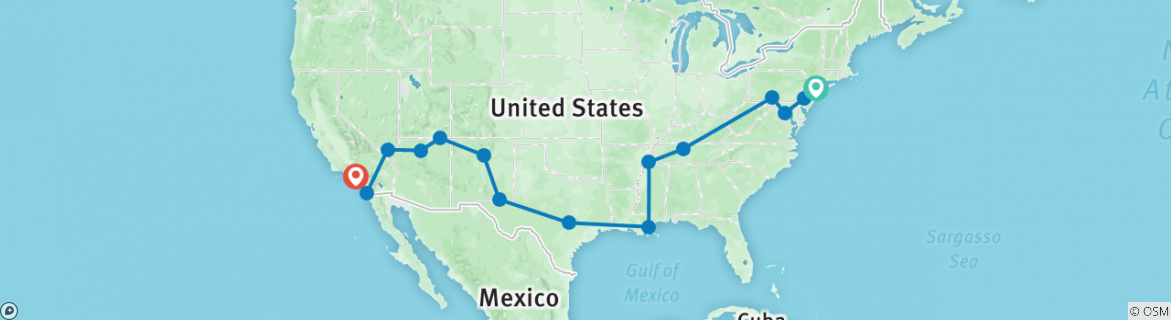 Image of a map showing the route of the tour