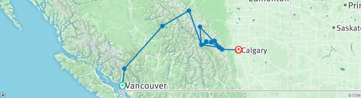 Image of a map showing the route of the tour