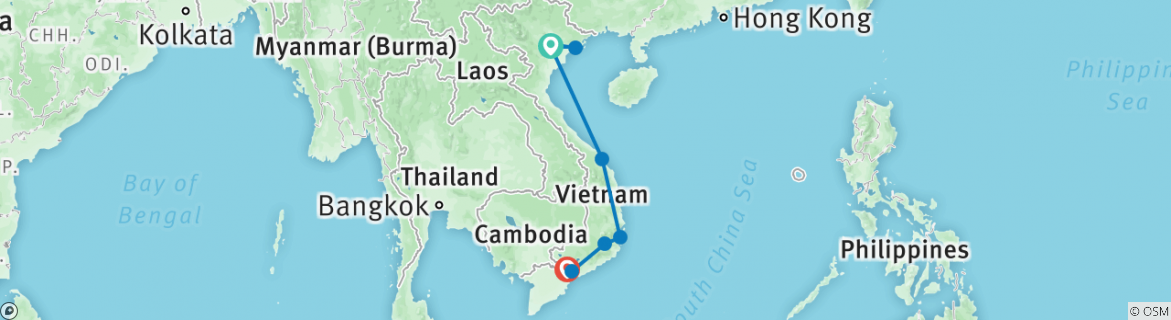 Image of a map showing the route of the tour