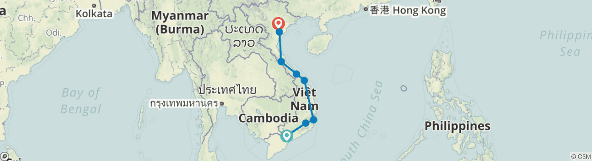 Image of a map showing the route of the tour