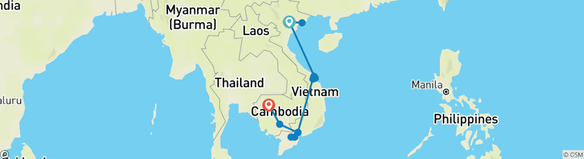 Image of a map showing the route of the tour