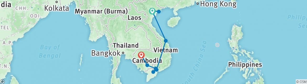 Image of a map showing the route of the tour