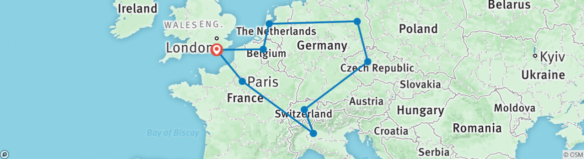 Image of a map showing the route of the tour