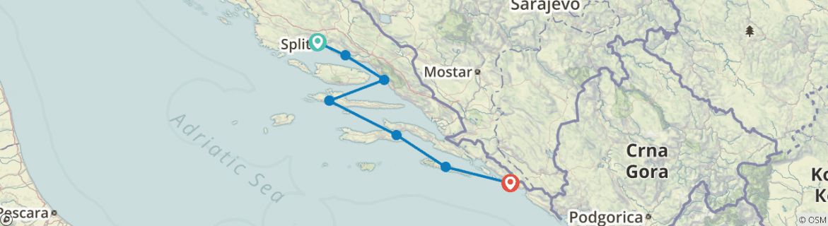 Image of a map showing the route of the tour