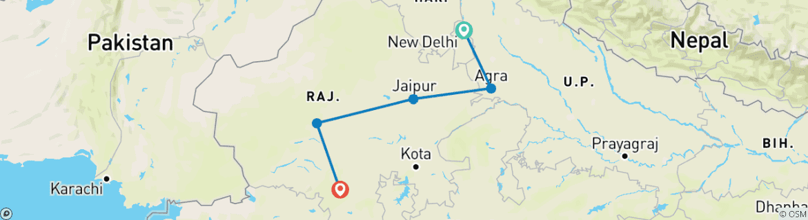 Image of a map showing the route of the tour