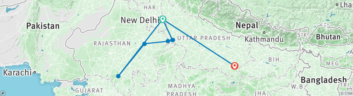 Image of a map showing the route of the tour