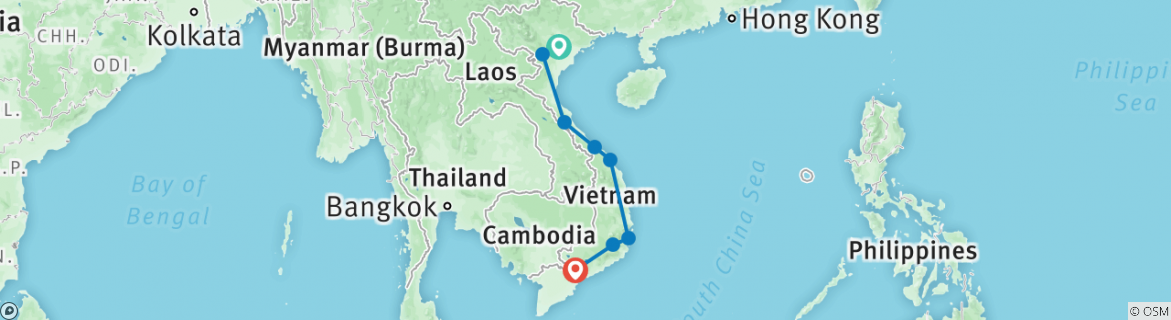 Image of a map showing the route of the tour