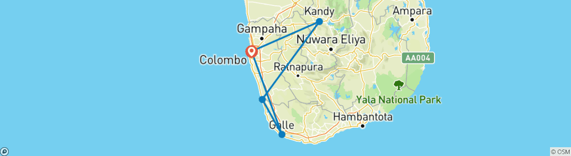 Image of a map showing the route of the tour