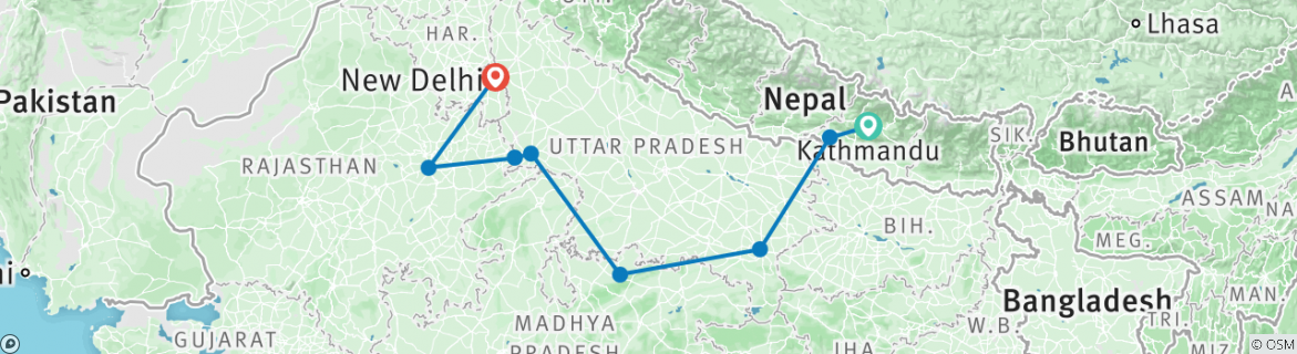 Image of a map showing the route of the tour