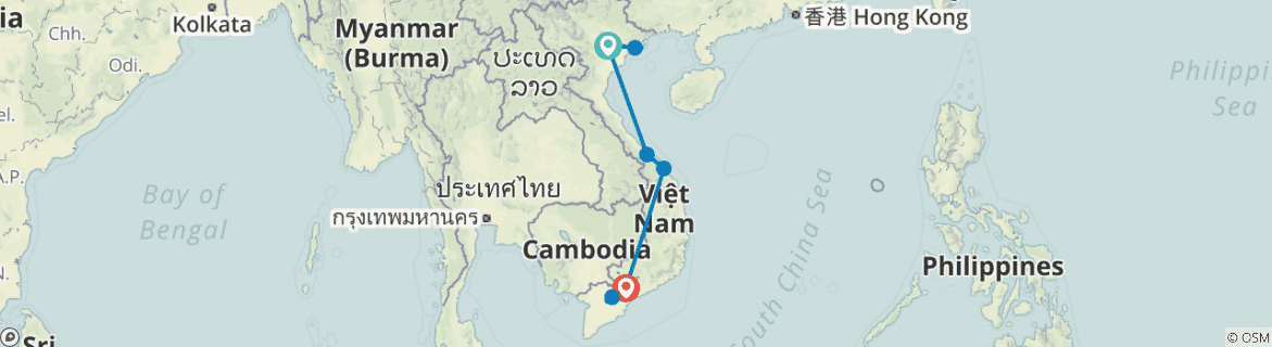 Image of a map showing the route of the tour