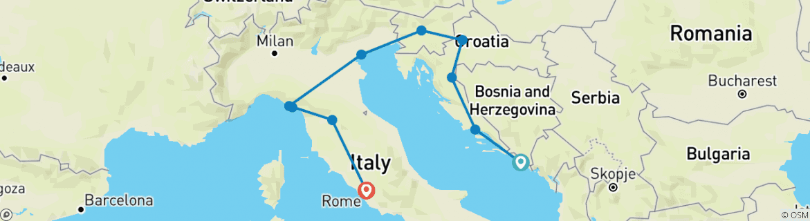 Image of a map showing the route of the tour