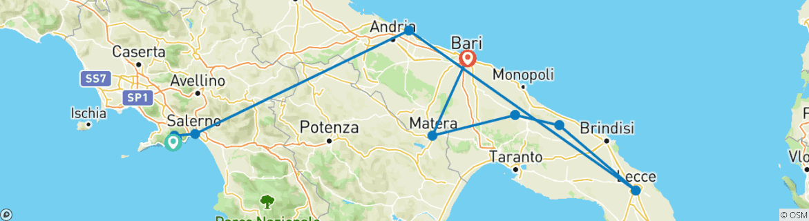 Image of a map showing the route of the tour