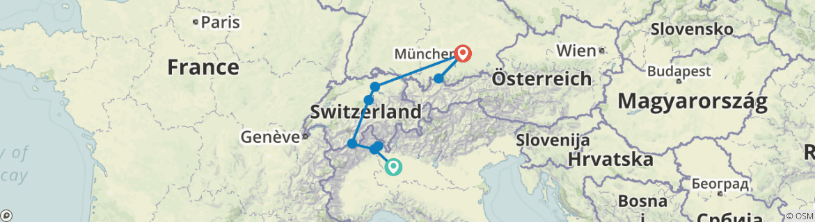 Image of a map showing the route of the tour