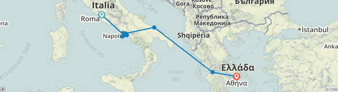 Image of a map showing the route of the tour